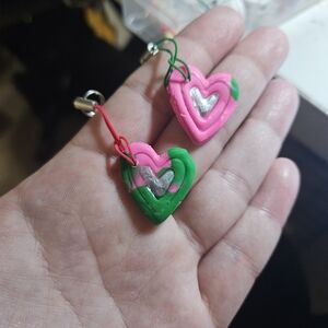 Pink and Green Heart Earrings